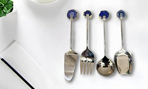 Blue Cutlery with Round Agate Stone Handle
