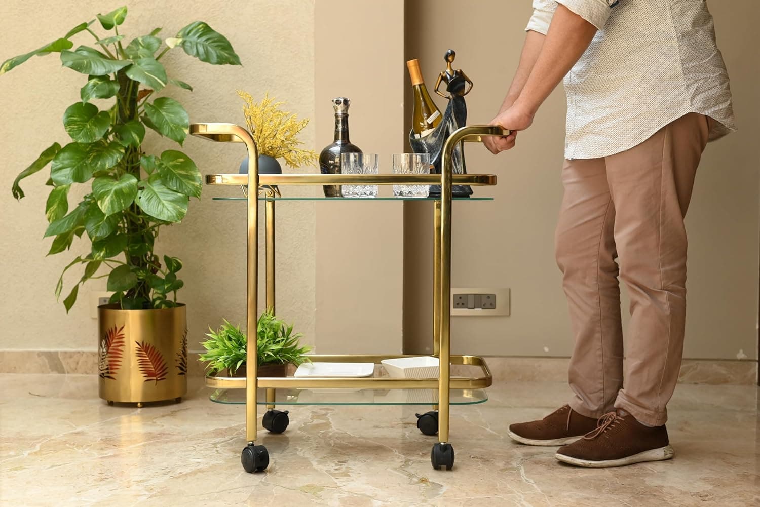Two layer Bar Trolley - Gold Finish view 2