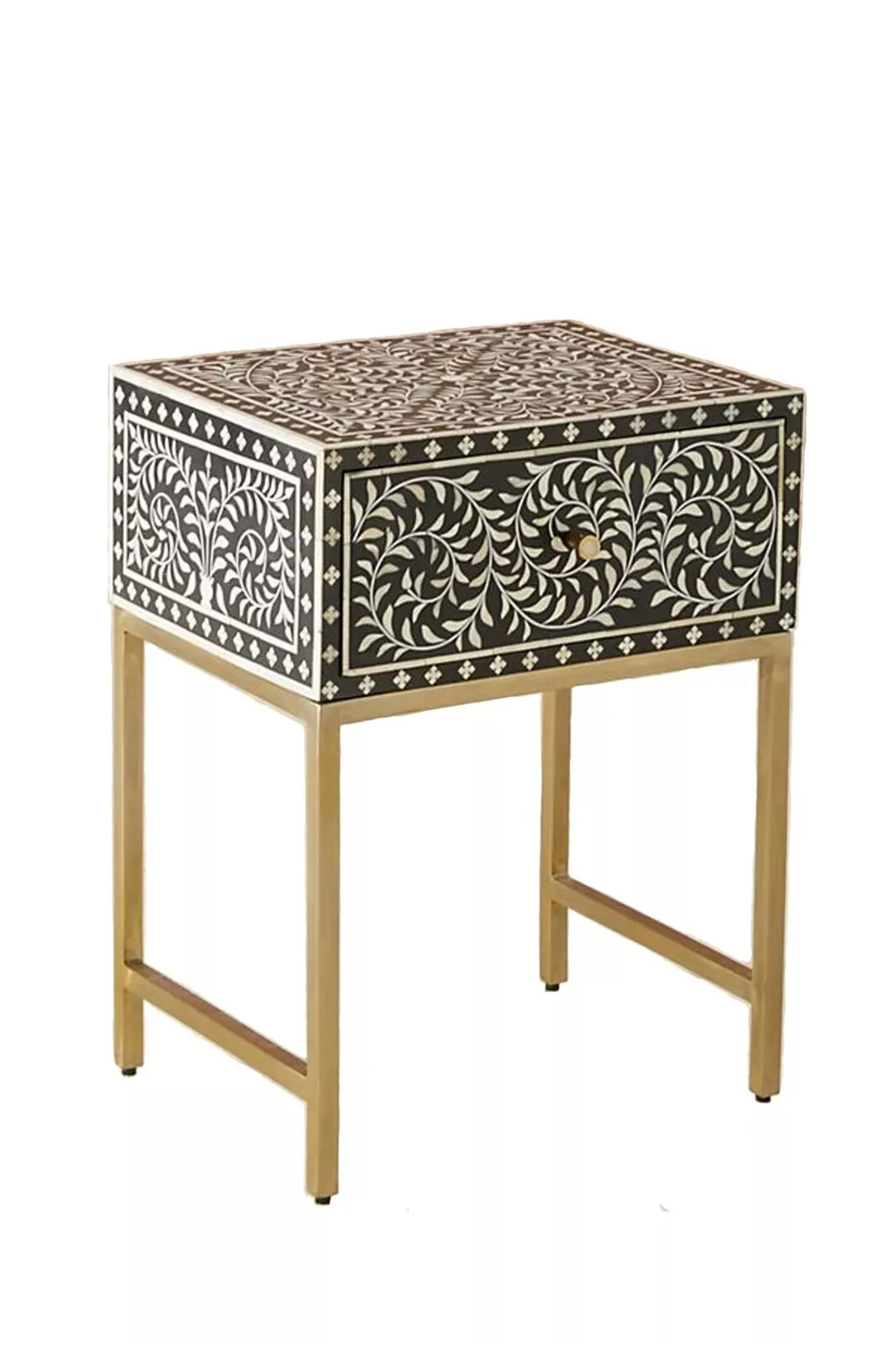 1 Drawer floral Pattern Bone Inlay Side Table view 2