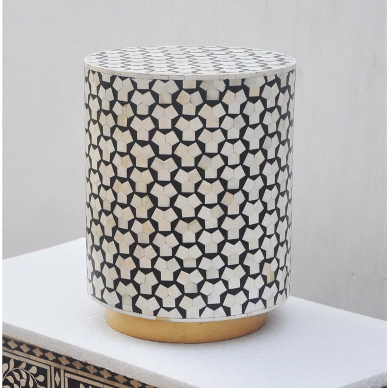 Cylindrical Three Sided Pattern Bone Inlay Side Table