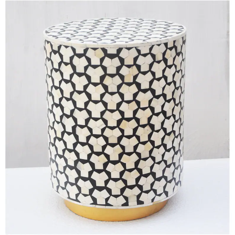 Cylindrical Three Sided Pattern Bone Inlay Side Table view 2