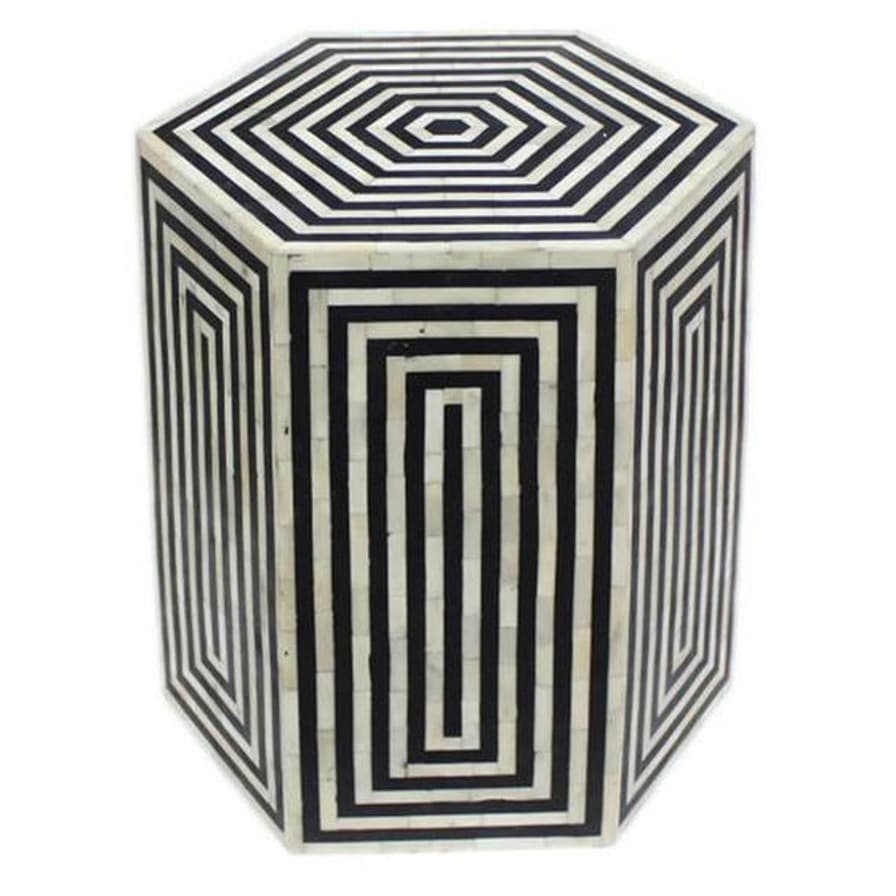 Hexagonal Black & White Bone Inlay Side Table view 2