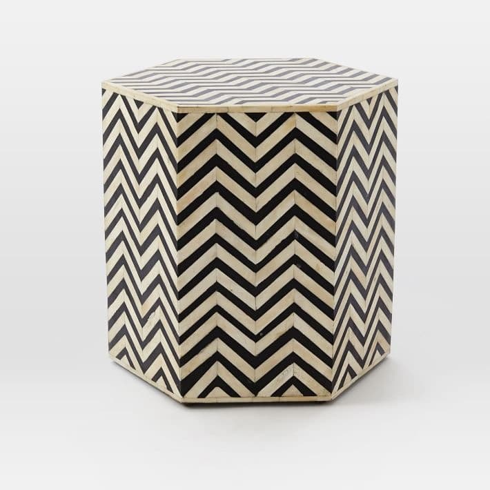 Hexagonal Black & White Zig-Zag Pattern Bone Inlay Side Table