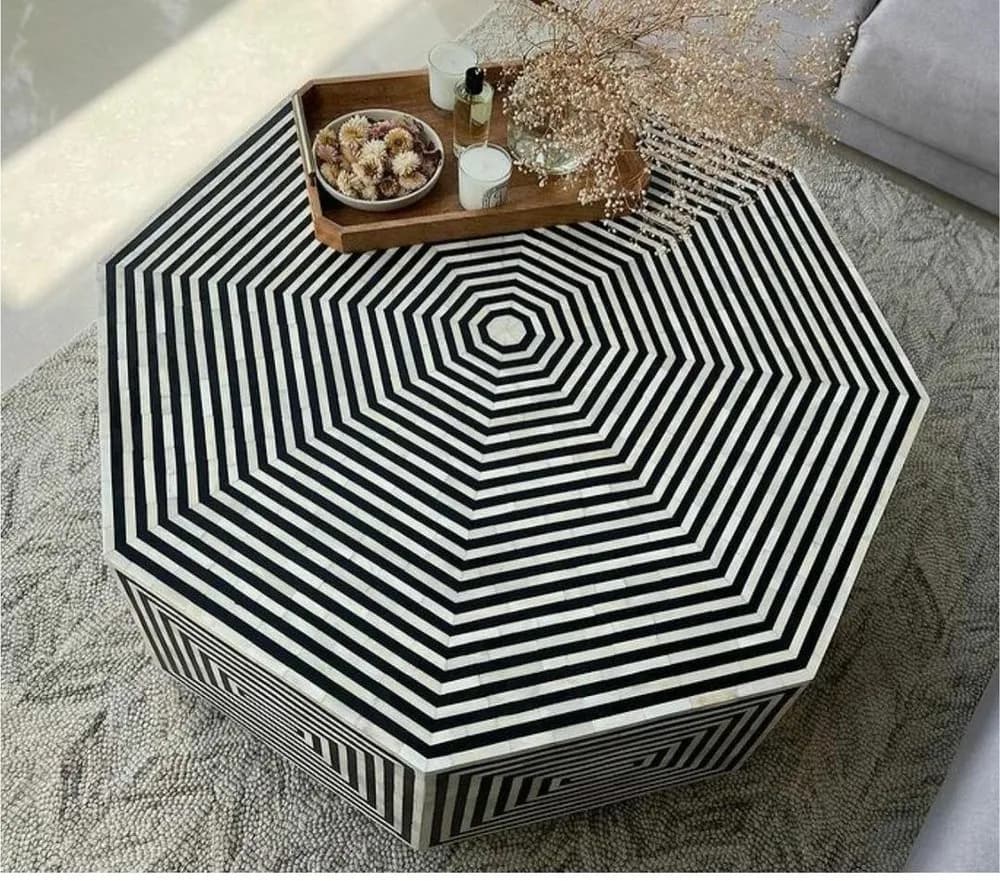 7 Sided Black and White Bone Inlay Center Table