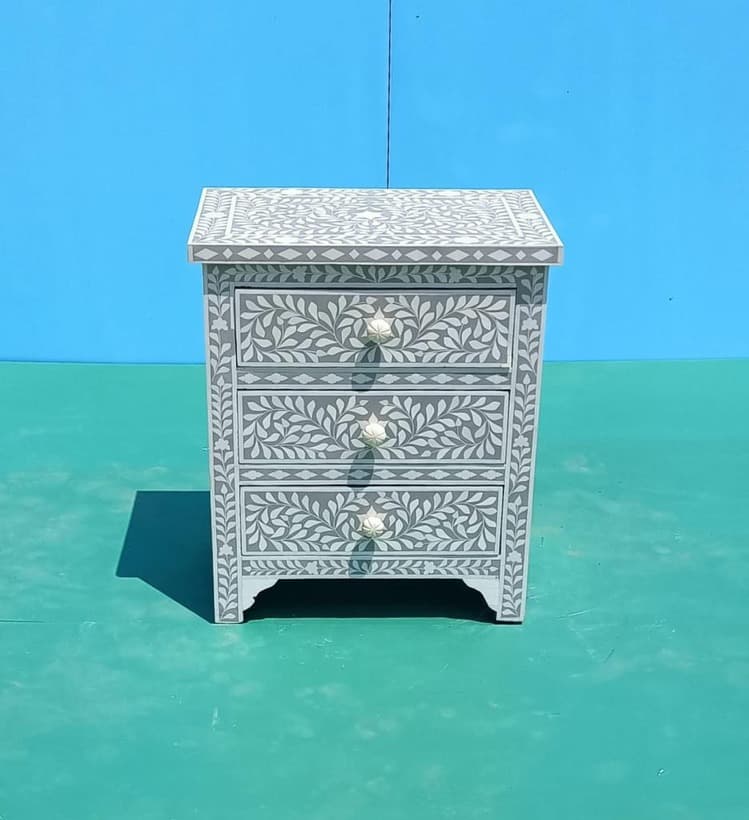 3-Drawer Floral Print Bone Inlay Side Table view 2