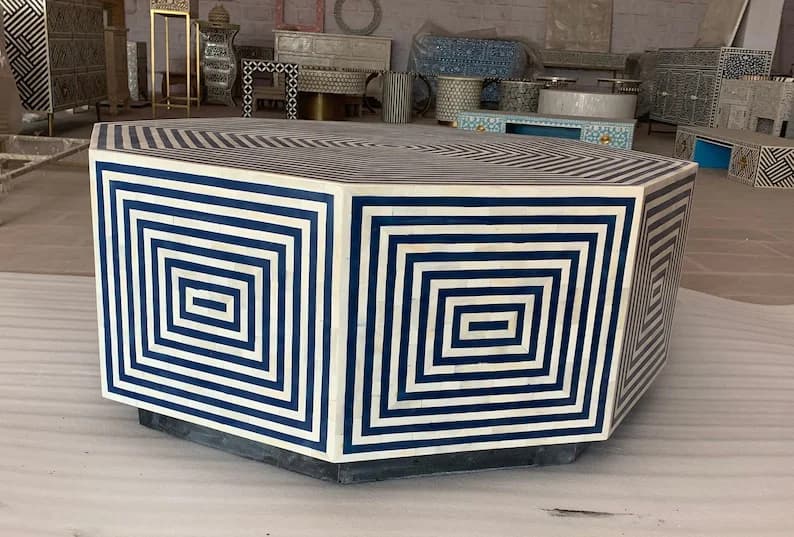 7 Sided Black and White Bone Inlay Center Table view 2