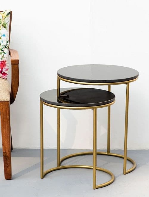 Set of 2 Nesting Side Table with Black Marble - Gold Finish