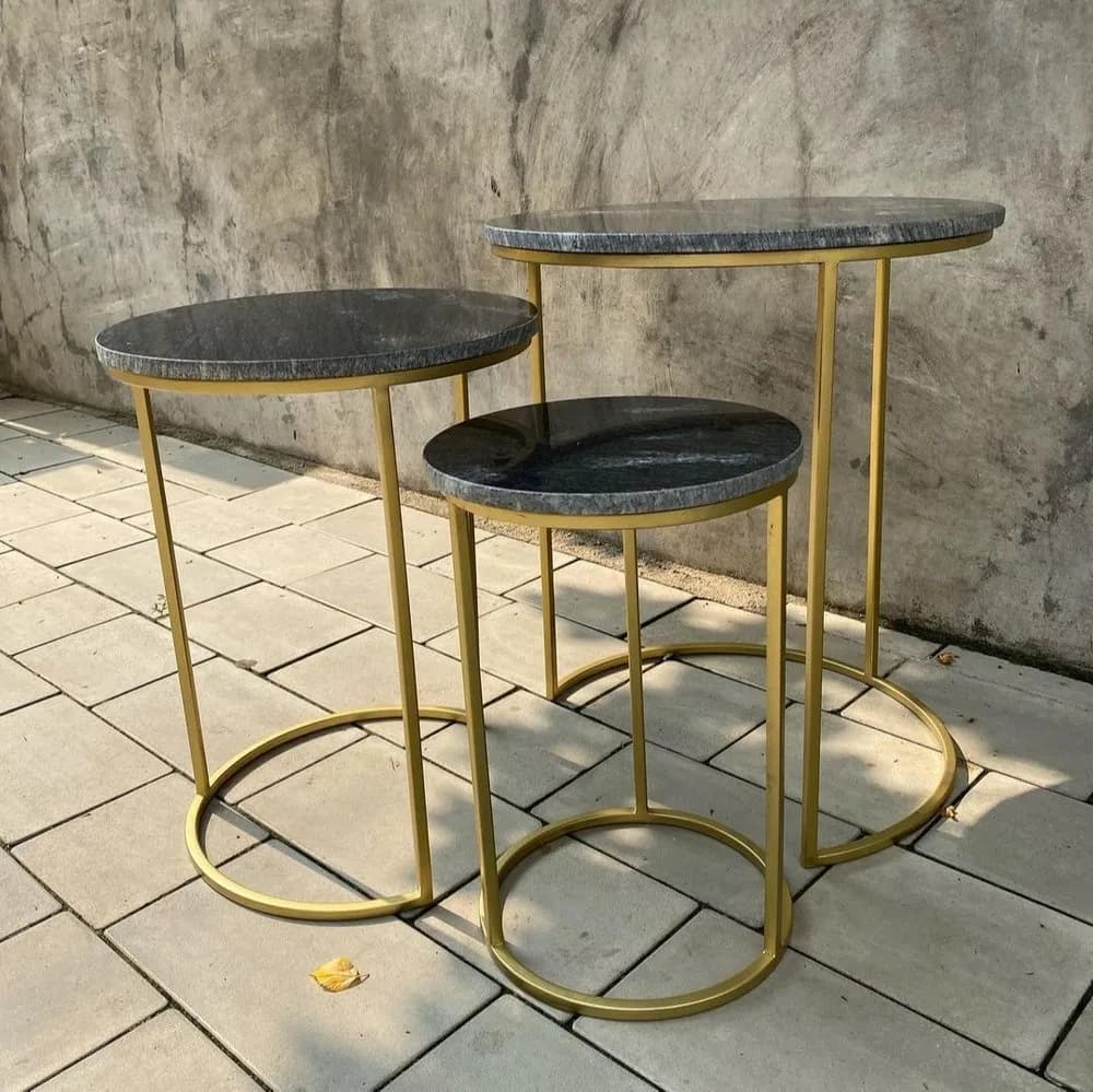 Set of 3 Large Nesting Side Table with Black Marble - Gold Finish