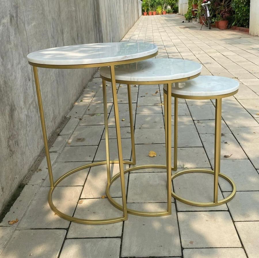 Set of 3 Large Nesting Side Table with White Marble - Gold Finish