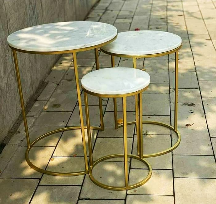 Set of 3 Large Nesting Side Table with White Marble - Gold Finish view 2