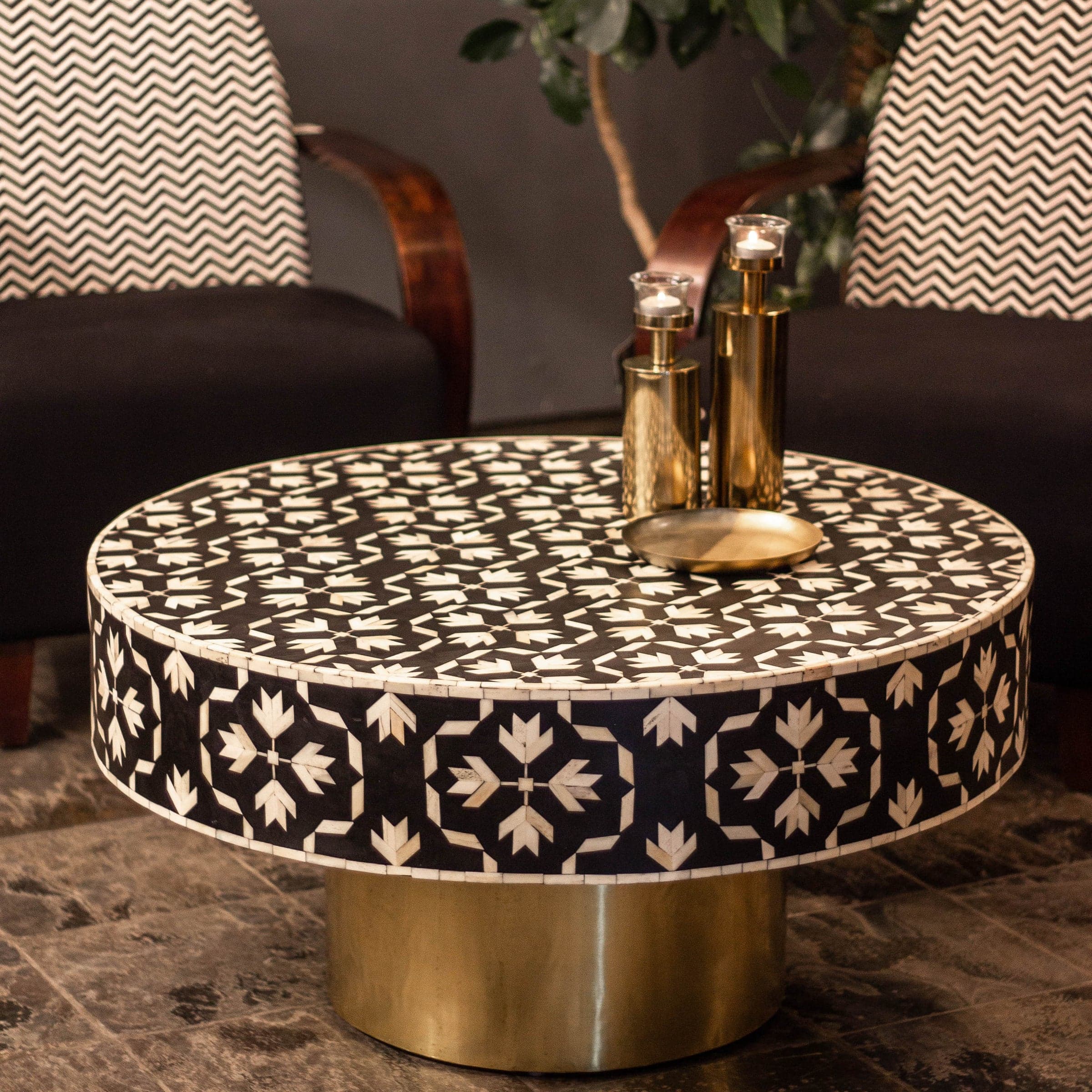 Black and White Circular  Bone Inlay Center Table