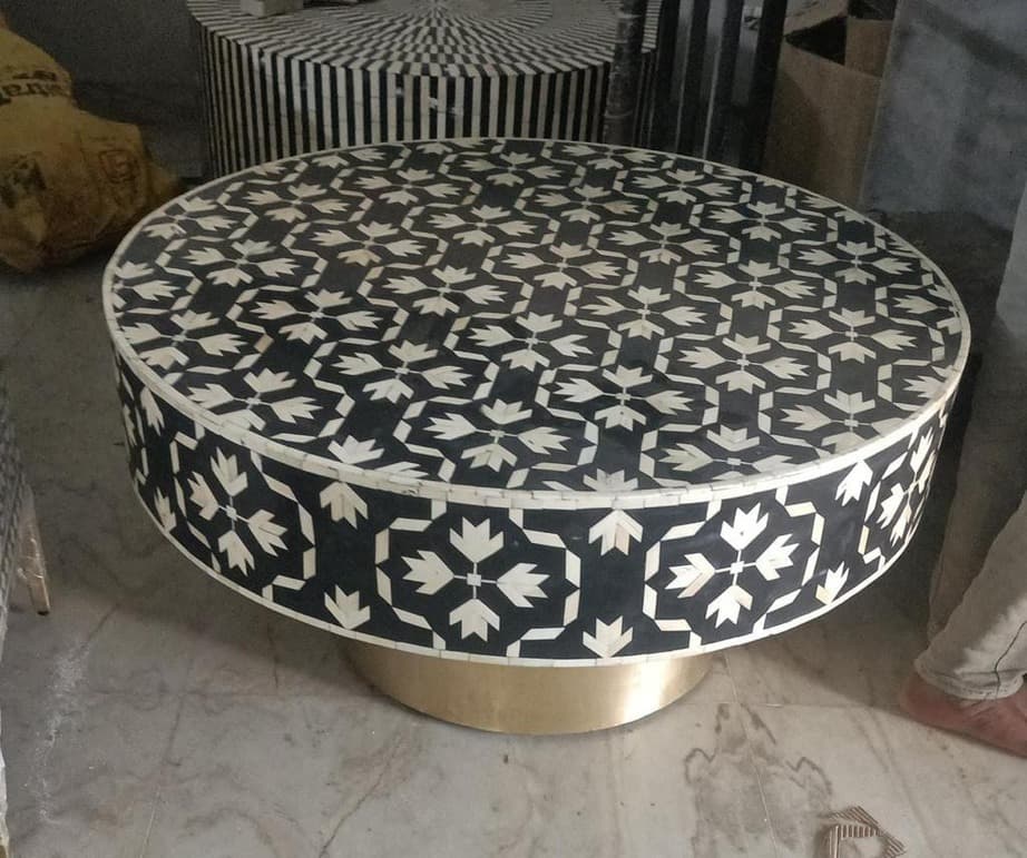Black and White Circular  Bone Inlay Center Table view 2