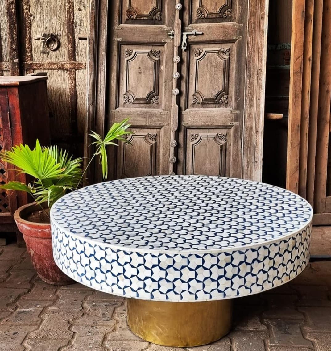 Blue and White Circular  Bone Inlay Center Table