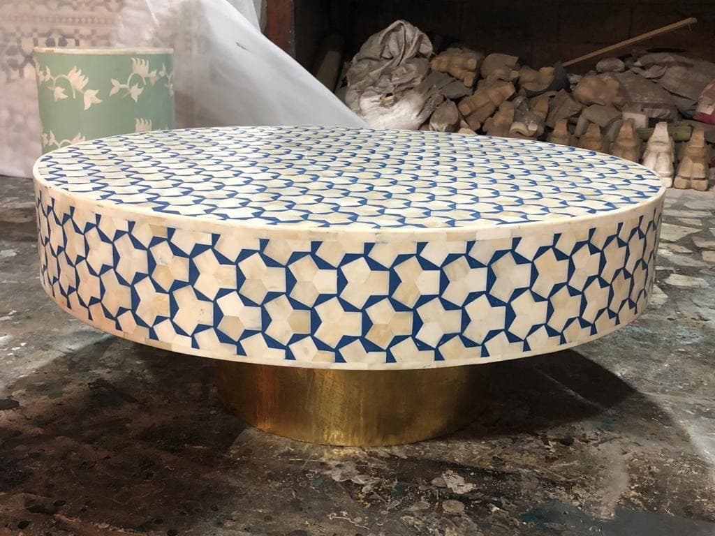 Blue and White Circular  Bone Inlay Center Table view 2