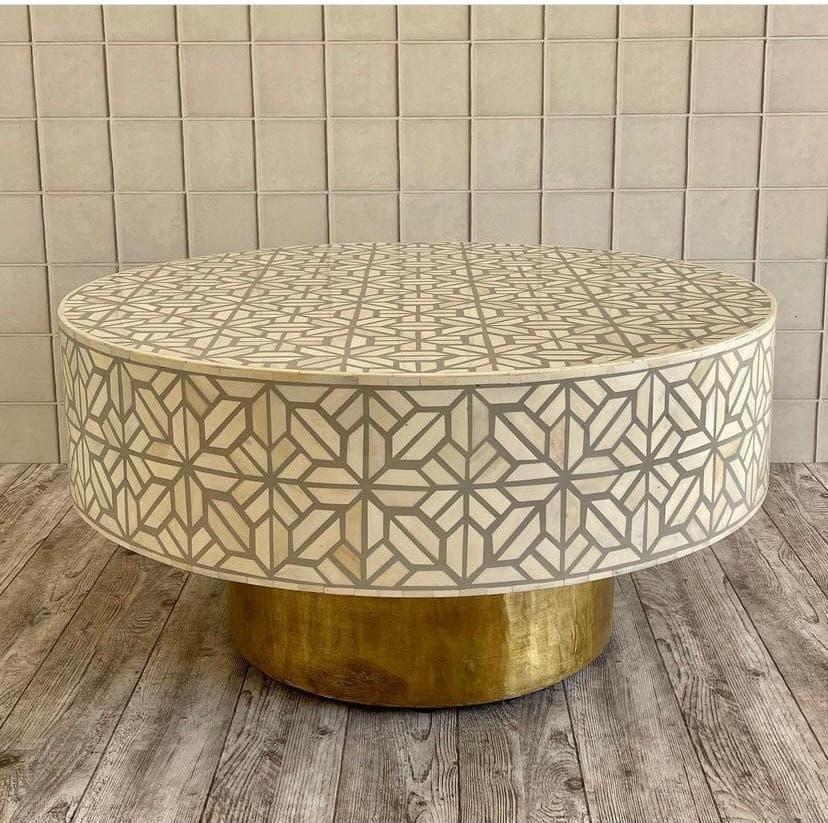 Geometric Design Circular Bone Inlay Center Table