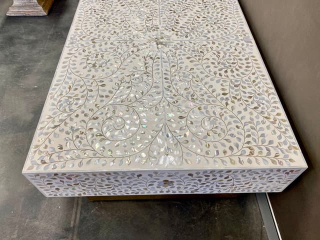 White Floral Print Rectangular Bone Inlay Center Table