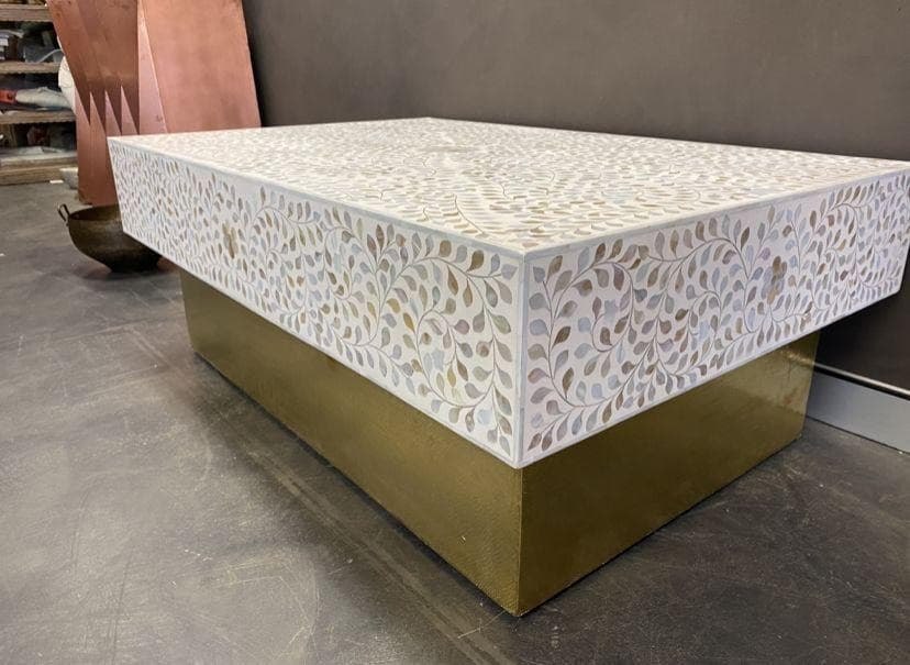 White Floral Print Rectangular Bone Inlay Center Table view 2
