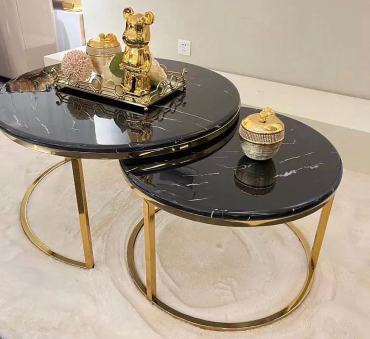 Set of 2 Nesting Center Table-Black Marble Gold Finish 
