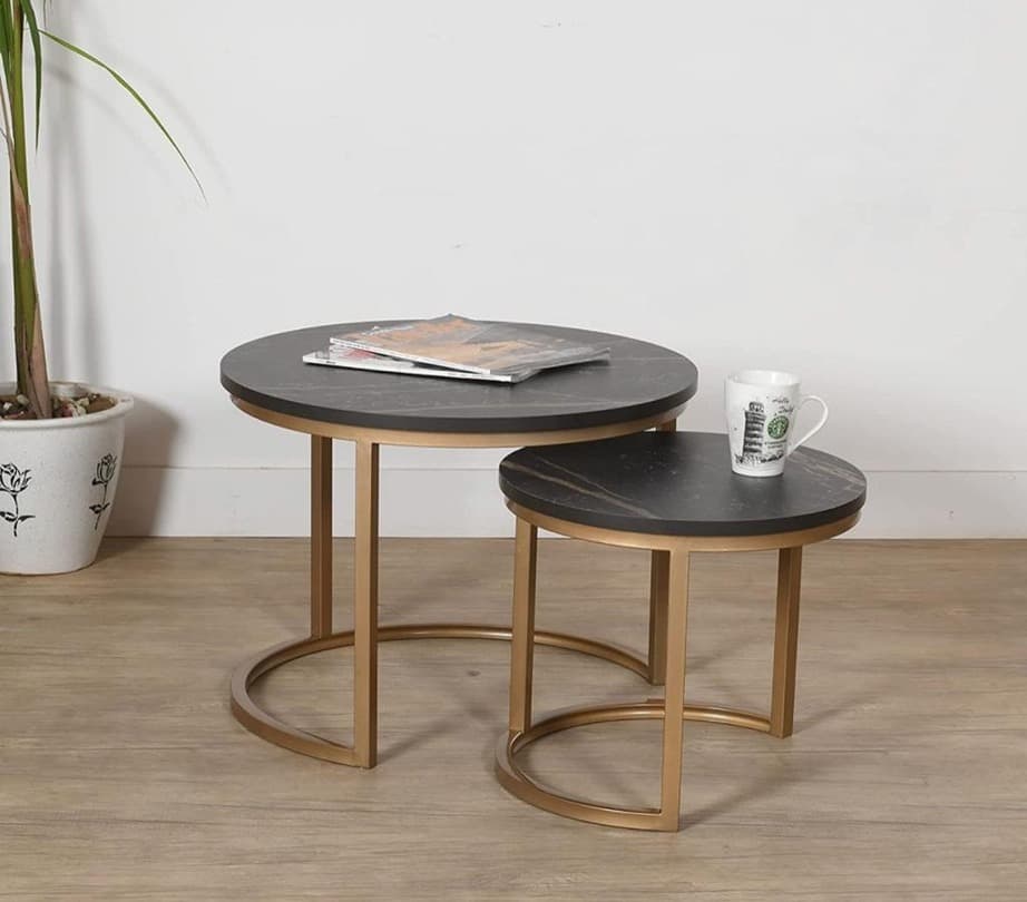 Set of 2 Nesting Center Table-Black Marble Gold PVD Finish 