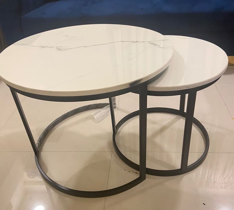 Set of 2 Nesting Center Table-White Marble Black Finish 