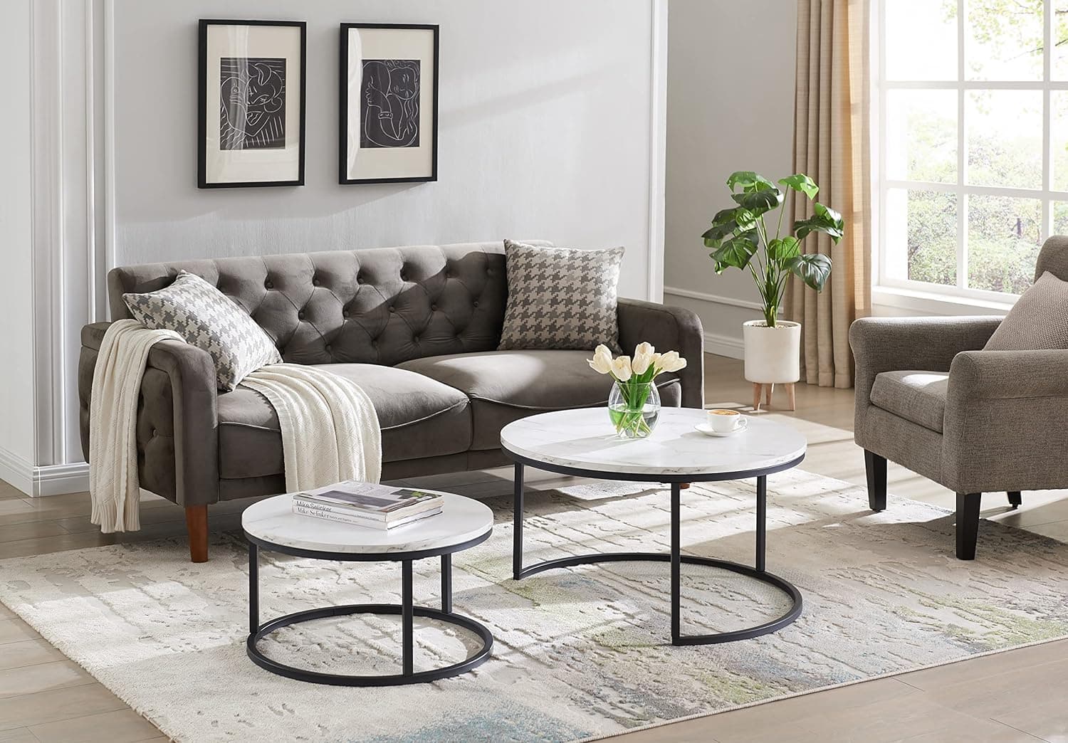 Set of 2 Nesting Center Table-White Marble Black Finish  view 2