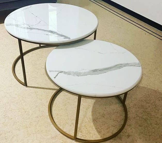 Set of 2 Nesting Center Table-White Marble Gold PVD Finish 