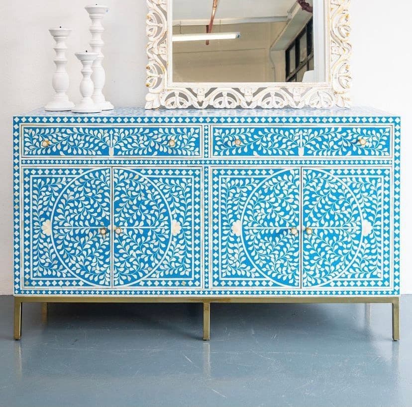 Bone Inlay Console Table - Blue and White Floral Print Console Table 