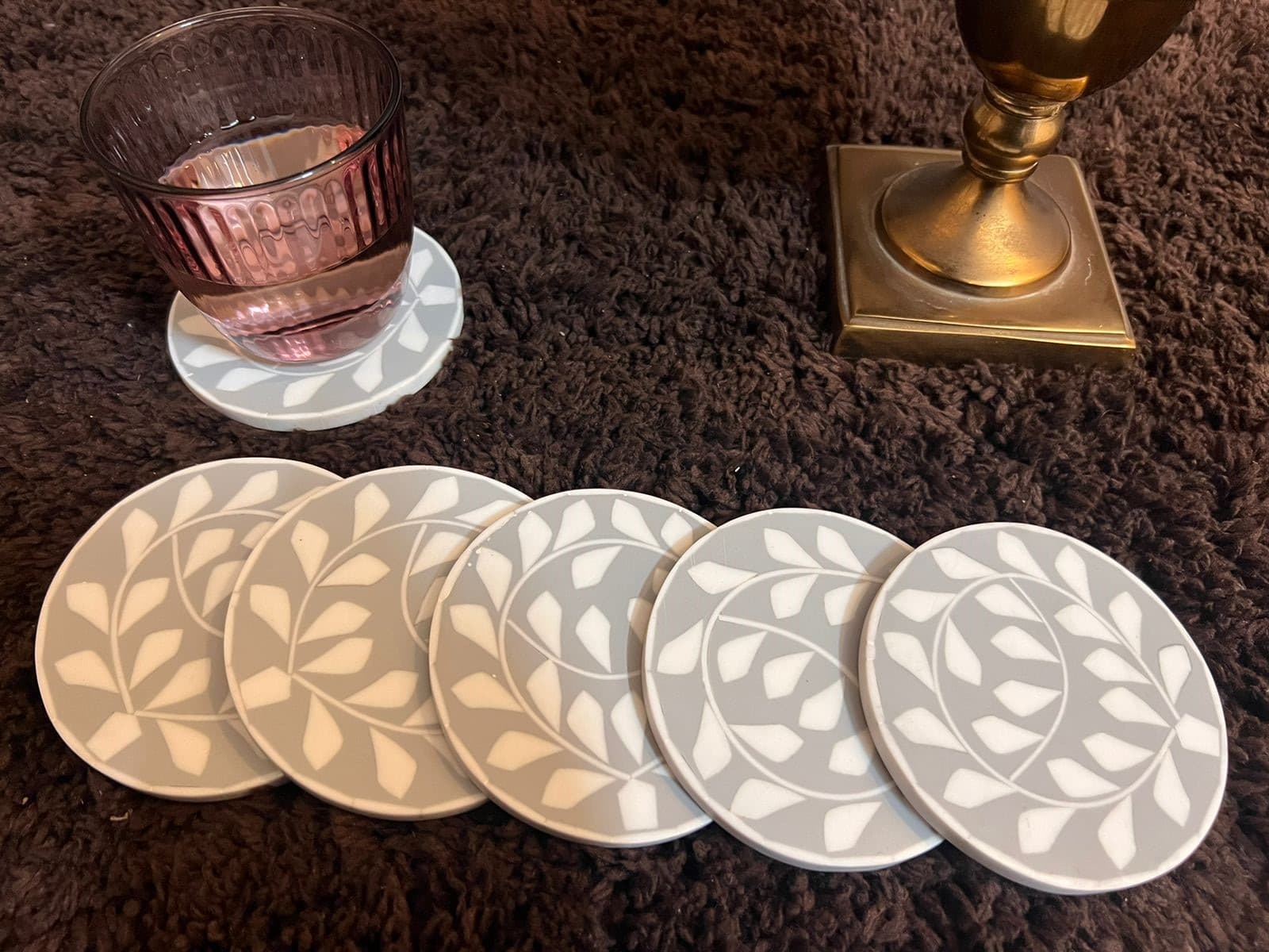Grey with White Leaves Wooden Coasters Set of 6. view 2