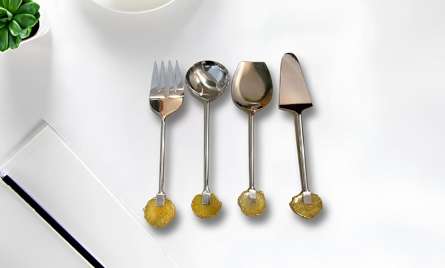 Lemon Yellow Cutlery with Round Agate Stone Handle