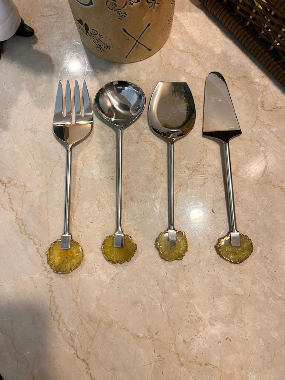 Lemon Yellow Cutlery with Round Agate Stone Handle view 2