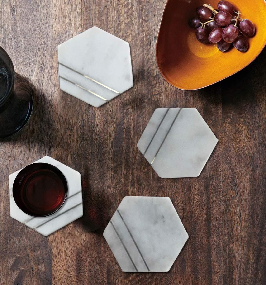 Marble Brass Line Inlay Hexagonal Coasters Set of 4 view 2