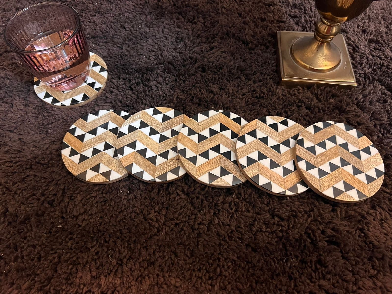 Multicolored Zig-Zag Inlay Wooden Coasters Set of 6. view 2