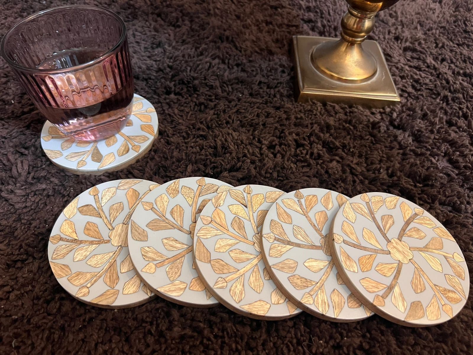 Natural Floral Inlay Wooden Coasters Set of 6. view 2