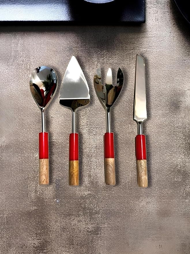 Red Round Wood and Resin Handle Cutlery