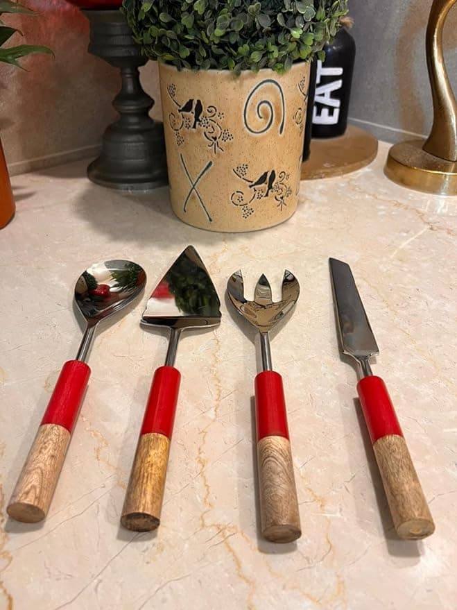 Red Round Wood and Resin Handle Cutlery view 2
