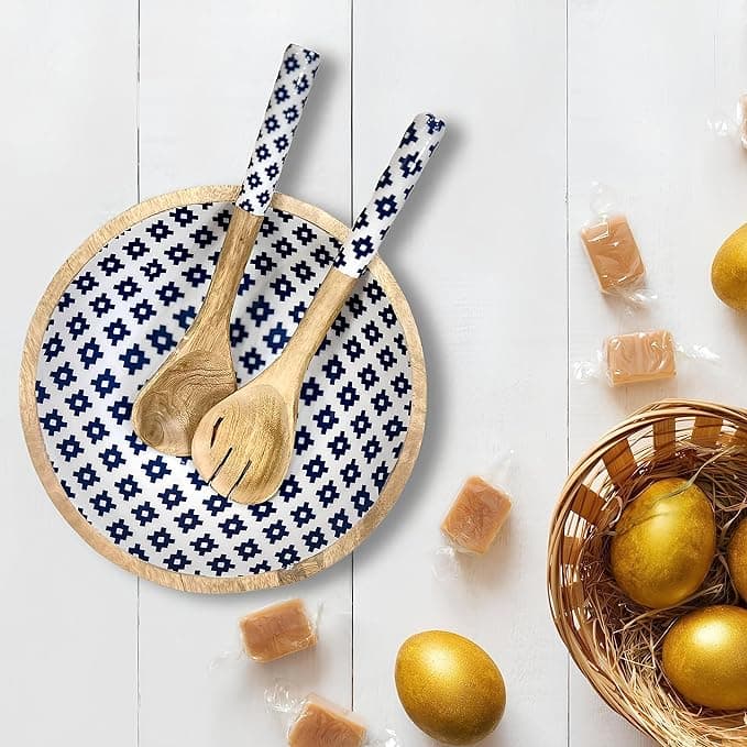 Blue & White Geometric Salad Bowl