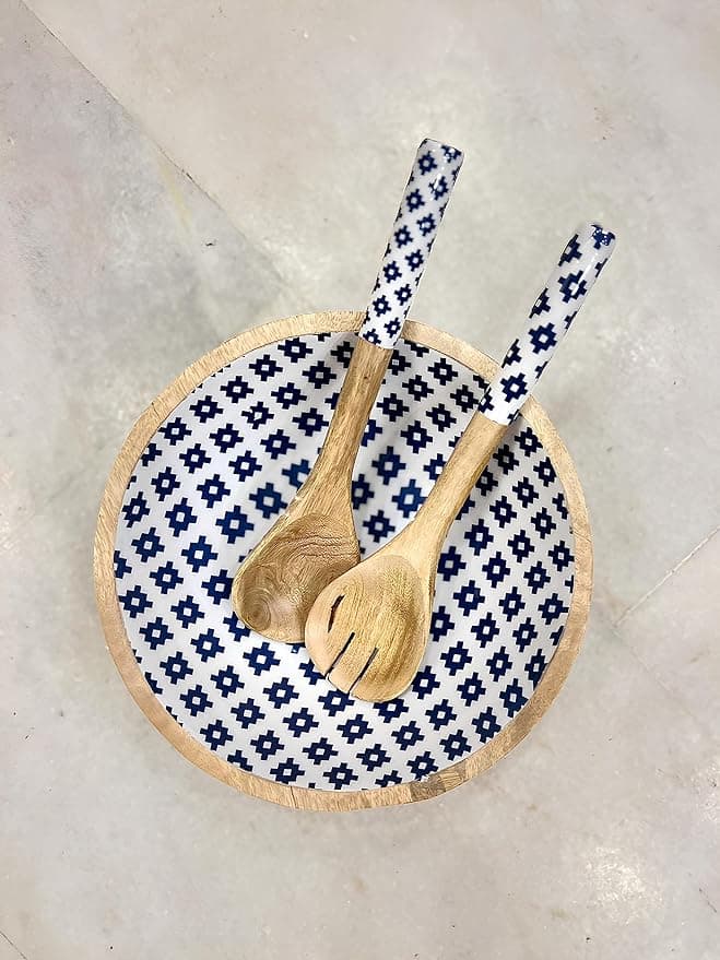 Blue & White Geometric Salad Bowl view 2
