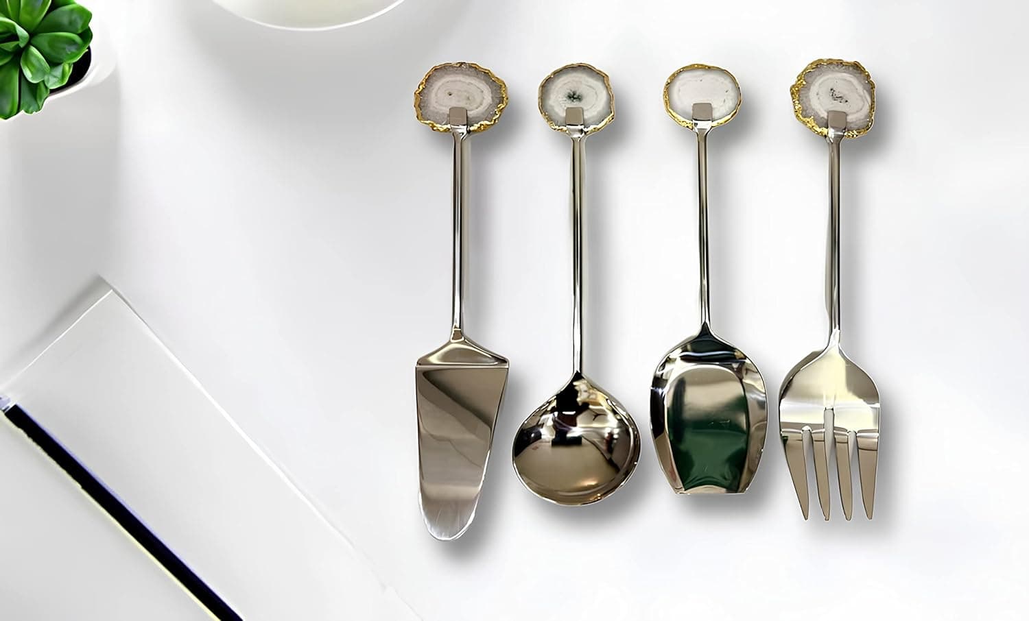 White Cutlery with Round Agate Stone Handle