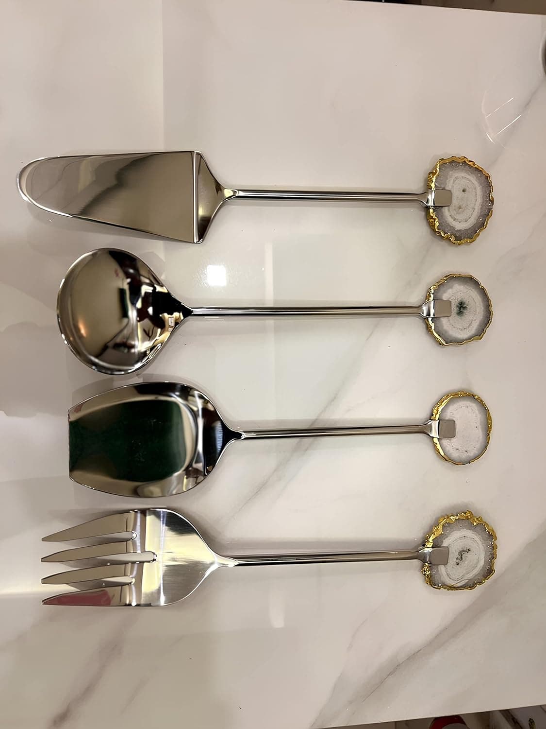 White Cutlery with Round Agate Stone Handle view 2