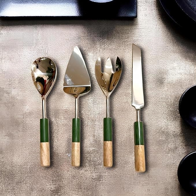 Green Round Wood and Resin Handle Cutlery