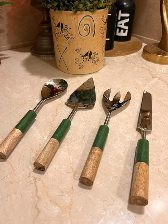 Green Round Wood and Resin Handle Cutlery view 2